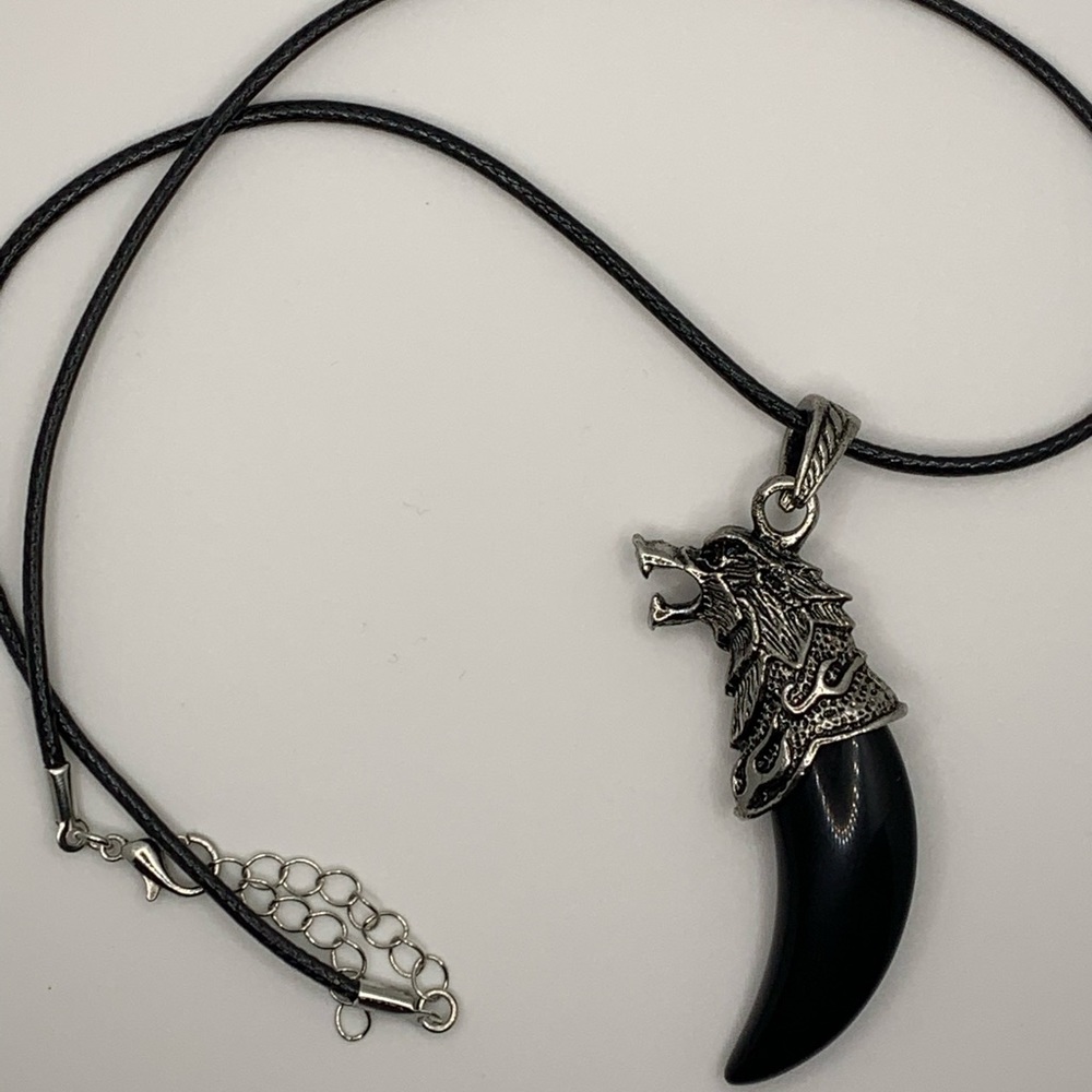 Wolf Tooth Pendant Mens Crystal Necklace Obsidian Necklace Gift for Boyfriend
